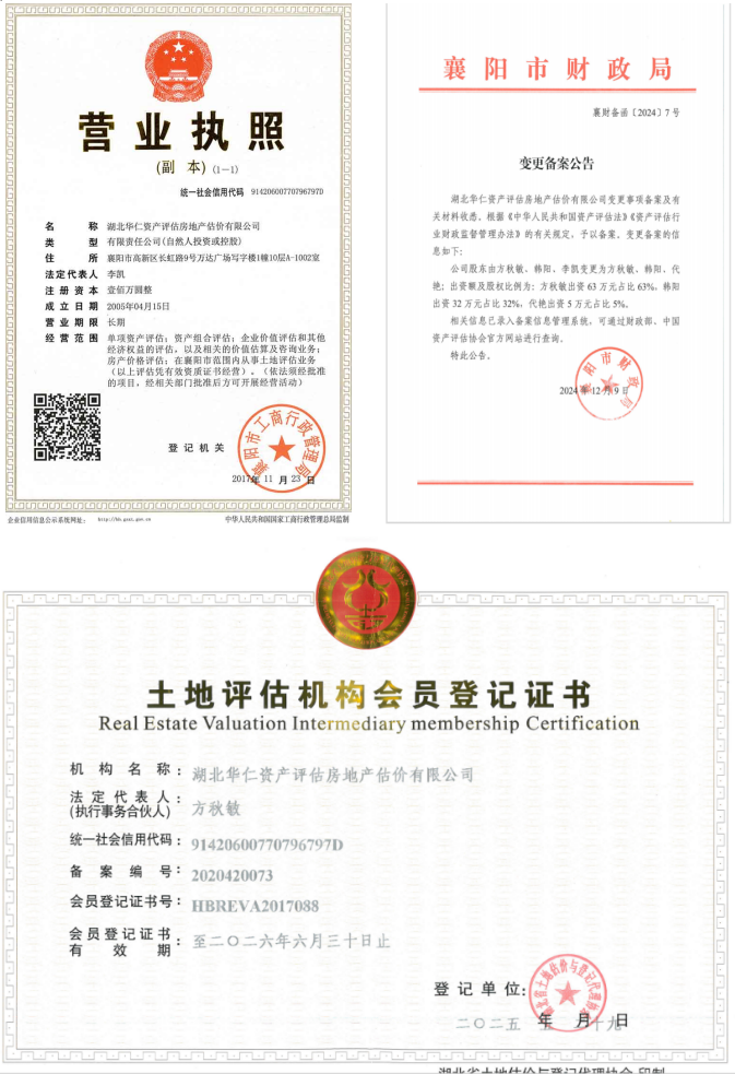 華仁資產(chǎn)評估房地產(chǎn)估價有限公司營業(yè)執(zhí)照、資產(chǎn)評估備案公告、土地評估機構(gòu)登記證書